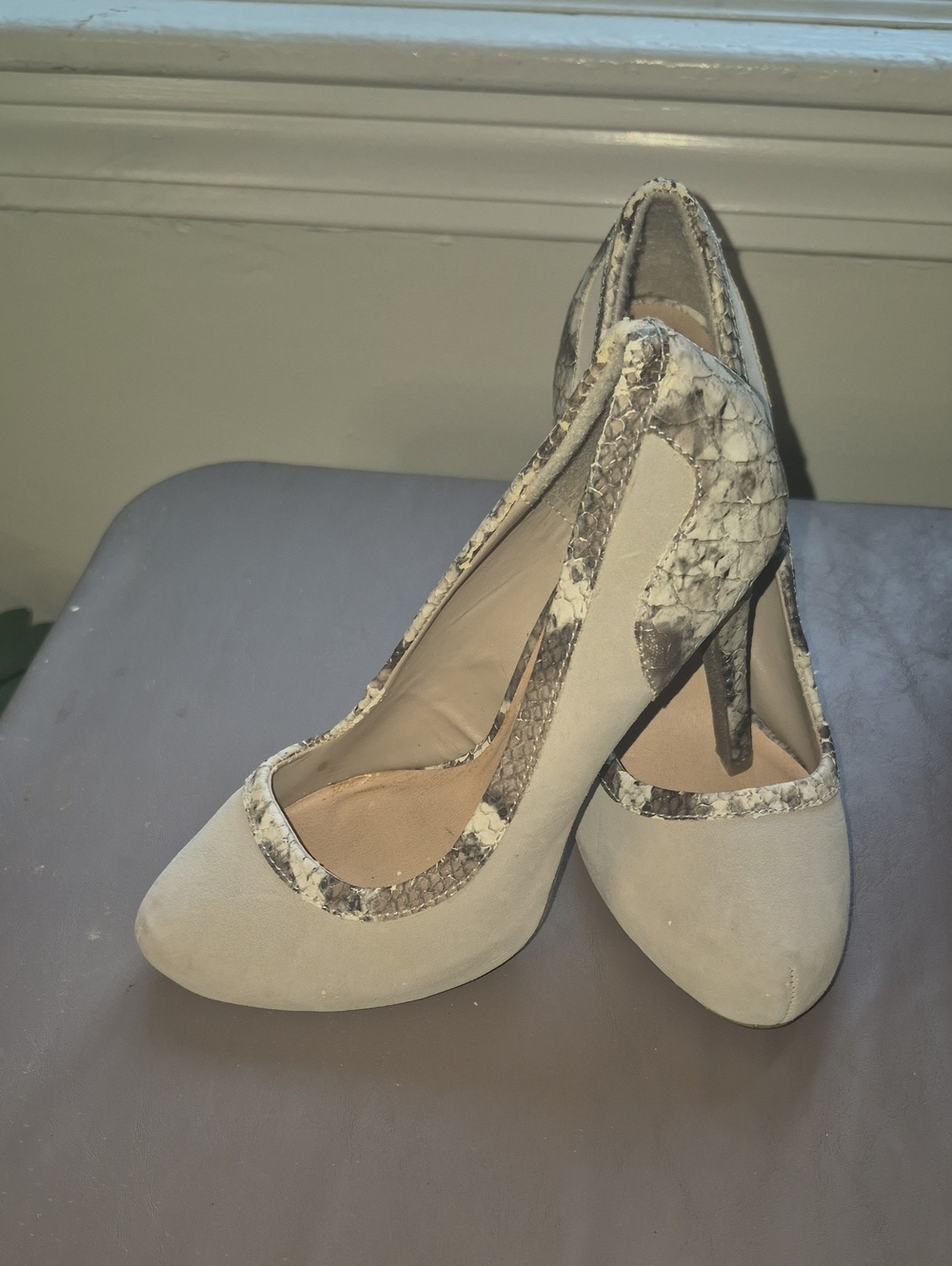 Forever 21 Taupe Suede Pumps with Snake-Print Trim